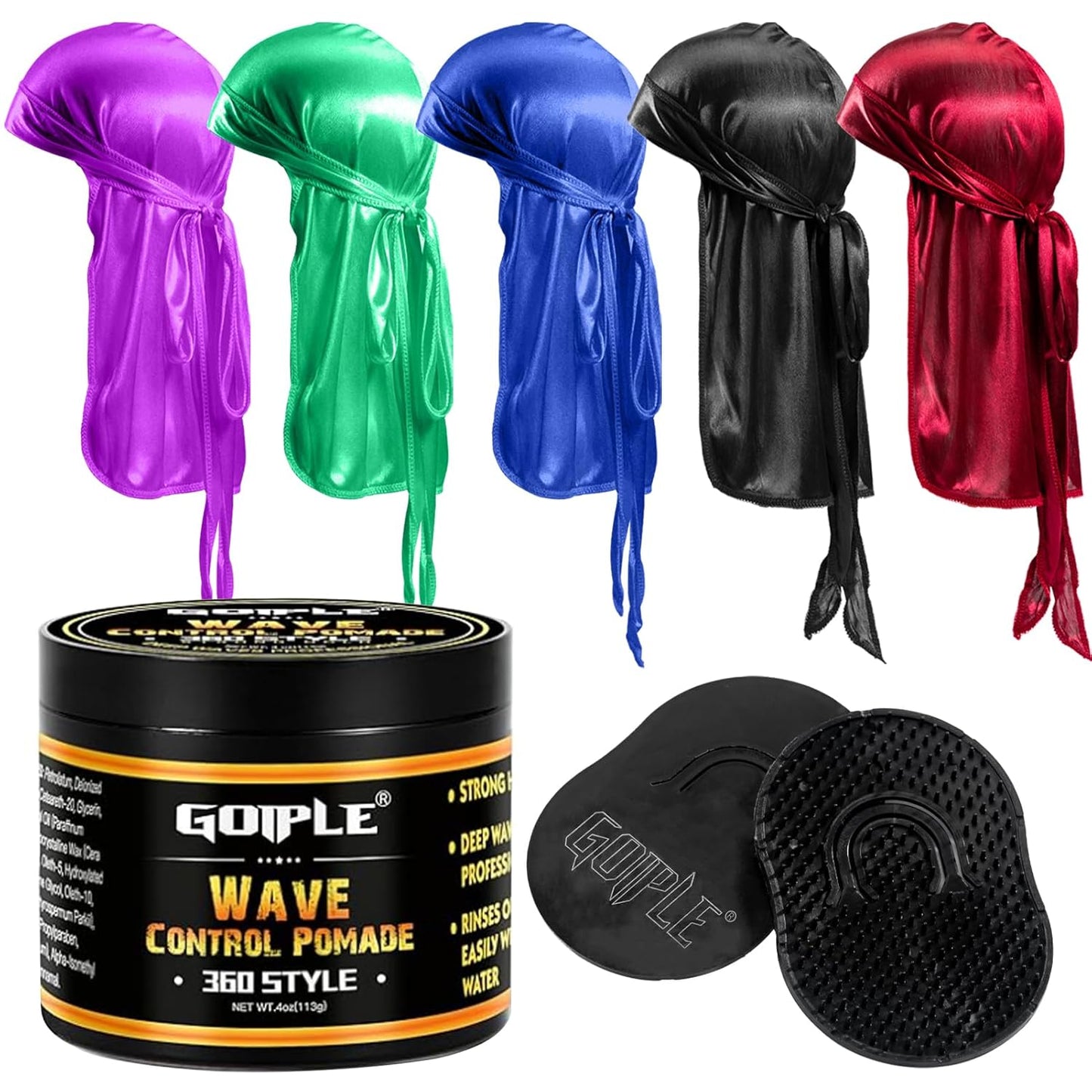 Silky Durags for Men Wave Pomade Strong Hold Easy Wash 360 Wave Training Hair Cream, Waves Grease for Men Promotes Layered Waves Silky Satin Durag Extra Long Tails Wave Brushe Silky Durag Wave Cap Set