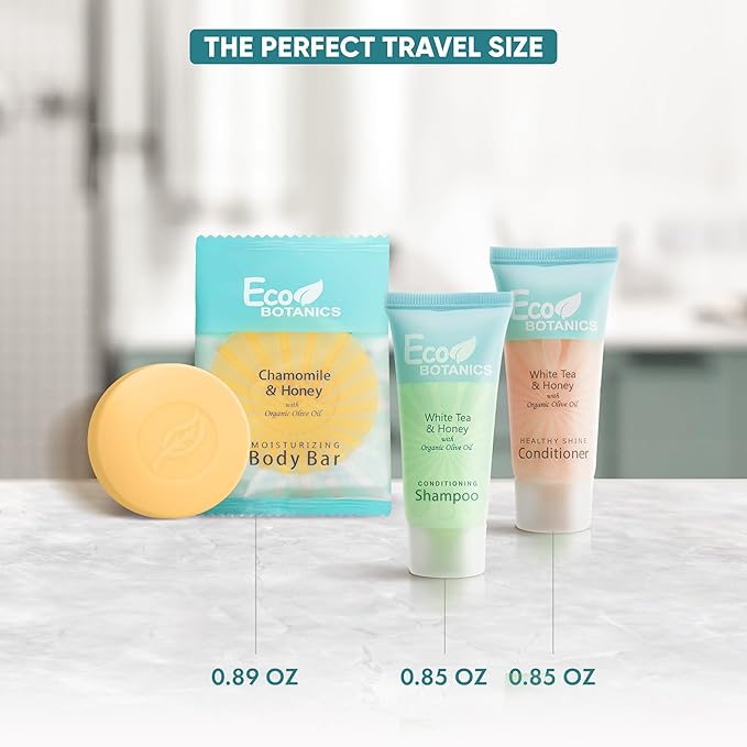 Eco Botanics Soaps & Toiletries Bulk Set | 1-Shoppe Amenities Kit for Hotels & Vacation Rentals | 0.85 oz Shampoo & Conditioner, 0.89 oz Bar Soap | Travel Size | 150 Pieces