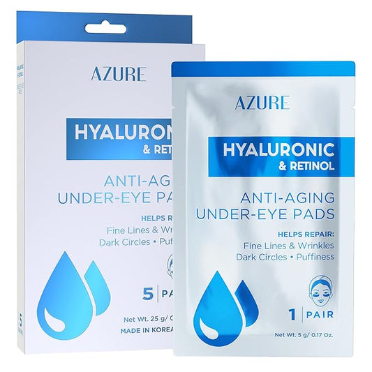 Azure Cosmetics Hyaluronic & Retinol Anti Aging Under Eye Pads- Moisturizing & Rejuvenating Eye Mask Patches - Reduces Fine Lines, Wrinkles, Dark Circles & Puffiness - Made in Korea - 5 Pairs