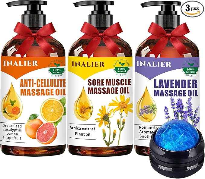 Mothers Day Gifts for Wife,Massage Oils for Massage Therapy,Fathers Day Gift,Spa Gift Set for Sore Muscle,Gifts for Her Him,3 Pack Cellulite,Sore Muscle & Lavender Massage Oils with Massage Ball