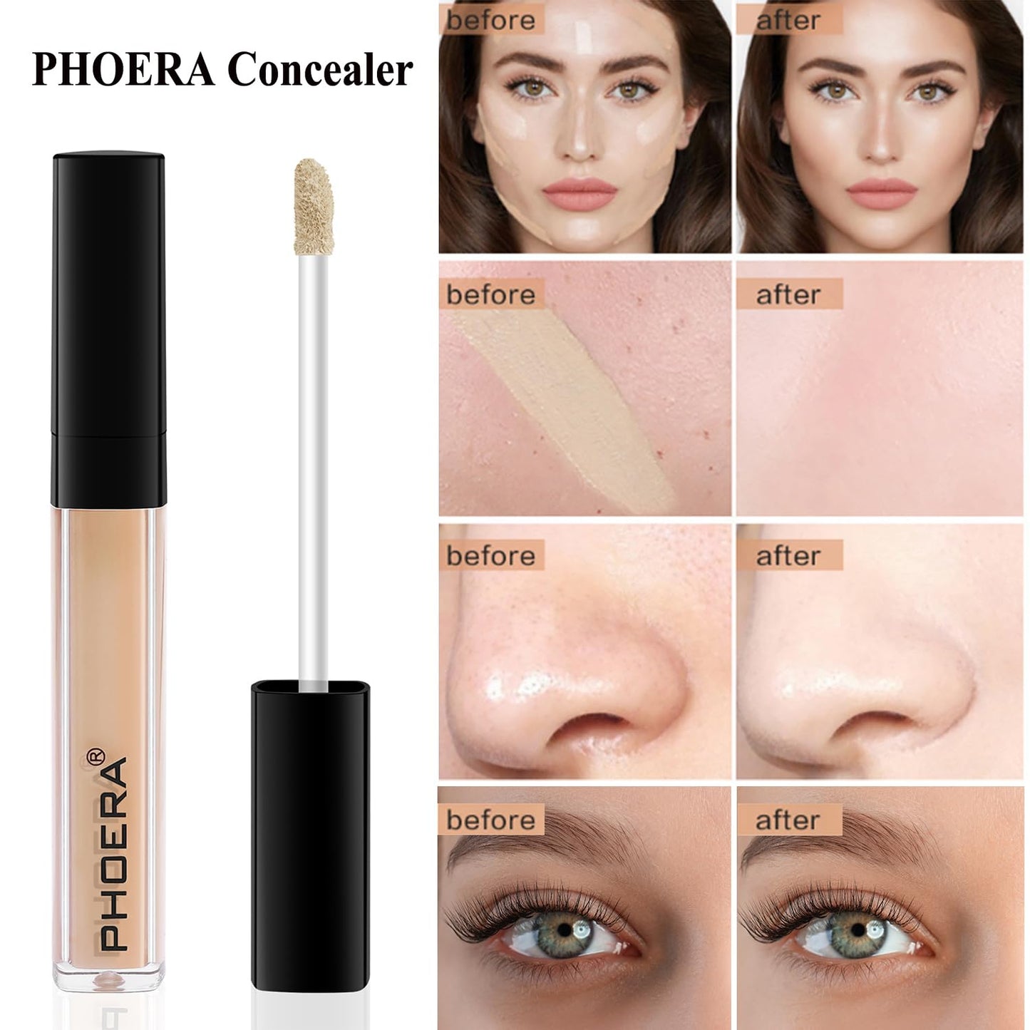 PHOERA Full Coverage Makeup Set - Mushroom Head Air Cushion CC Cream Natural Foundation, Concealer, Primer, Powder & Foundation Brushes (102 Nued +02 Natural CC)