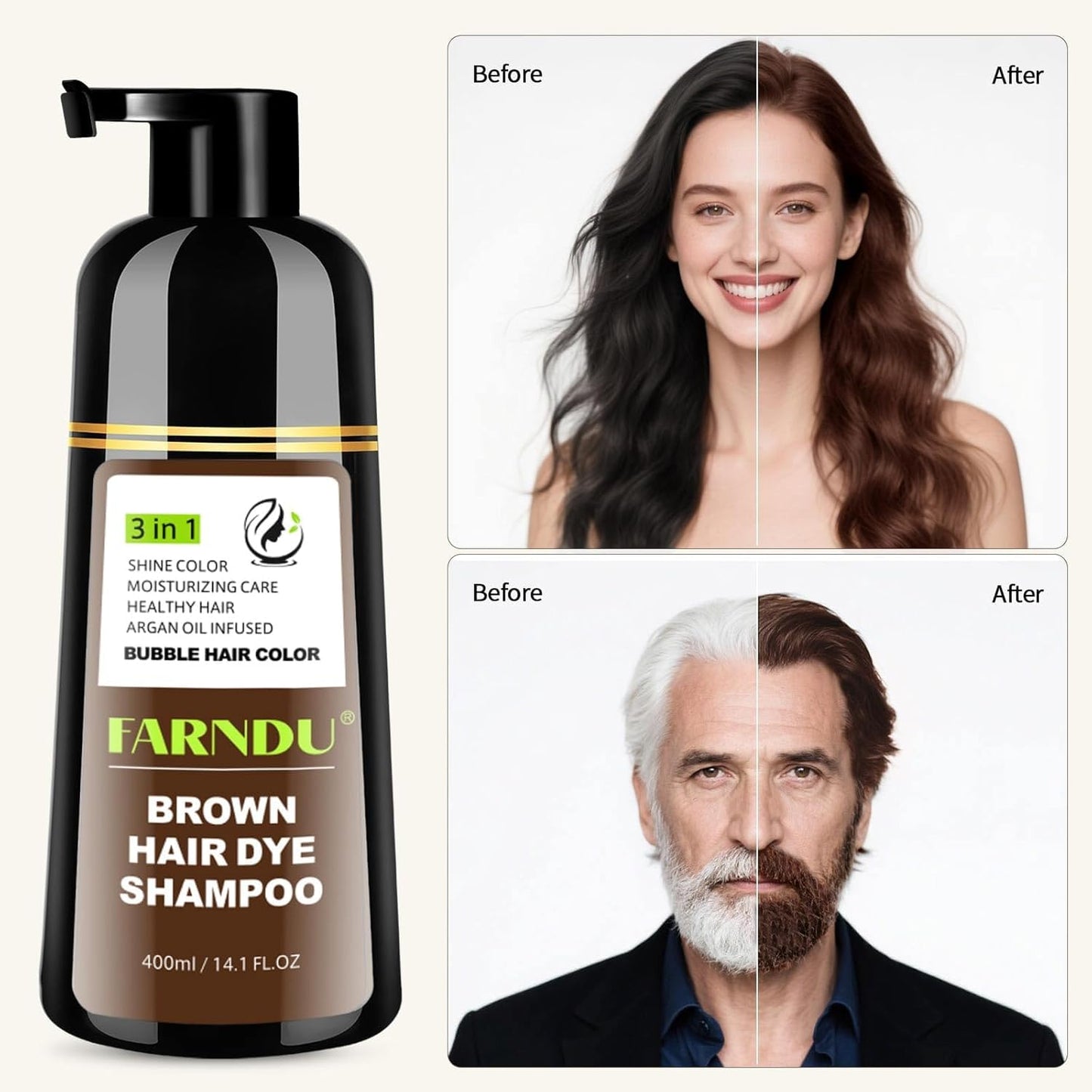 Brown Hair Dye Shampoo, 3 in 1 Instant Hair Color with 15 Min Gray Coverage, Natural Semi-Permanent Herbal Shampoo for Men & Women