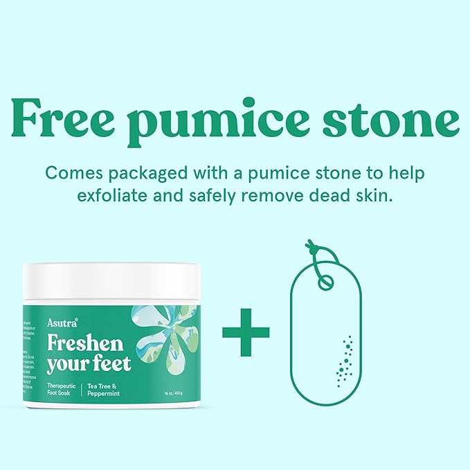 ASUTRA Invigorating and Therapeutic Foot Soak + Pedicure Pumice Stone (Dead Sea Salt w/Tea Tree & Peppermint Oils), 16 oz - Helps to Soften Calluses, Corns, and Cracked Feet