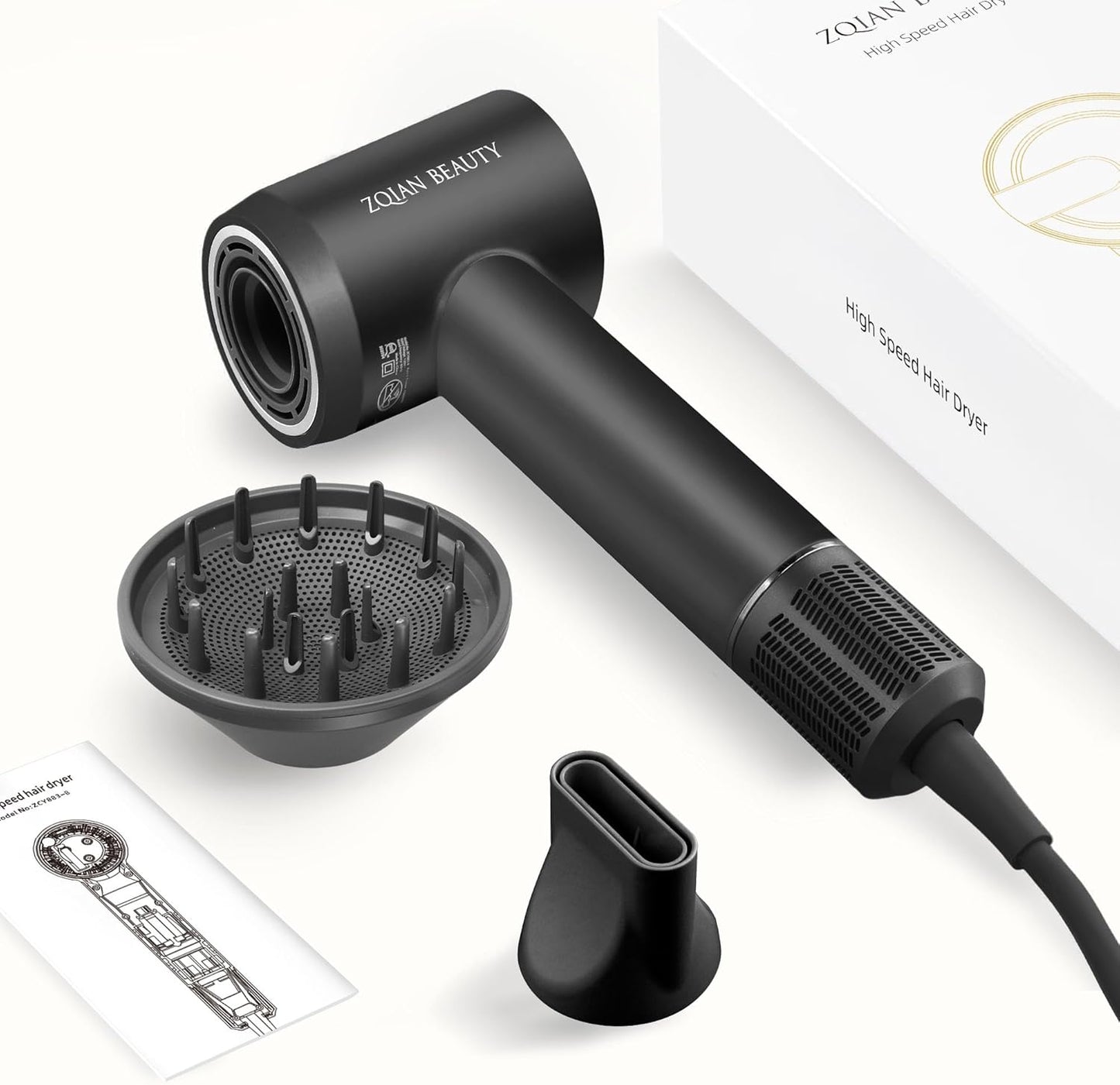 Blow Dryer with 200 Million Negative Ions, Professional High-Speed Hair Dryer for Women and Men Fast Drying Low Noise Travel Hairdryer (Black, with Concentrator Nozzle and Diffuser Nozzle)