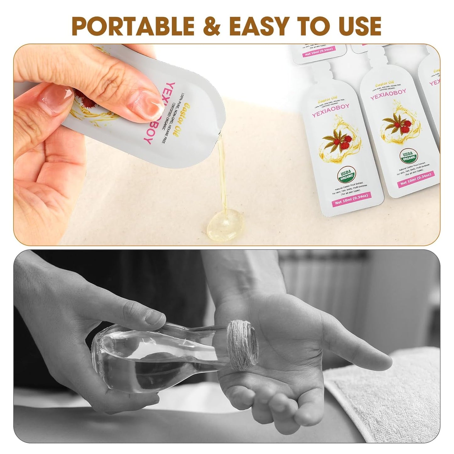 USDA Certified Organic Golden Castor Oil (4Oz), Pure Cold-Pressed Hexane Free Organic Castor Oil Unrefined for Face, Hair Treatment Starter, Skin Moisturizer, Suitable for Women Men Kids