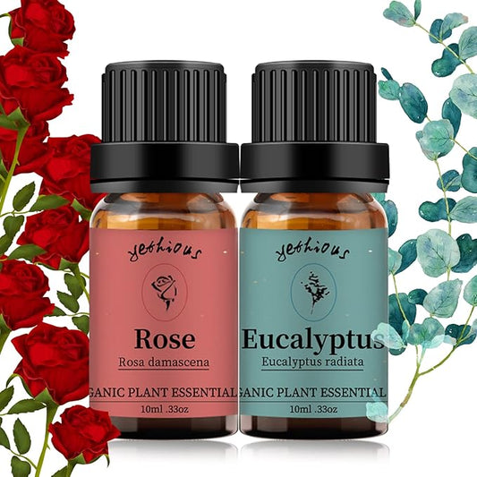 yethious Rose Essential Oil Eucalyptus Essential Oils Set 100% Pure Organic Aromatherapy Oils Rose Oil Essential Oil for Diffuser - 2 Pack 10ML