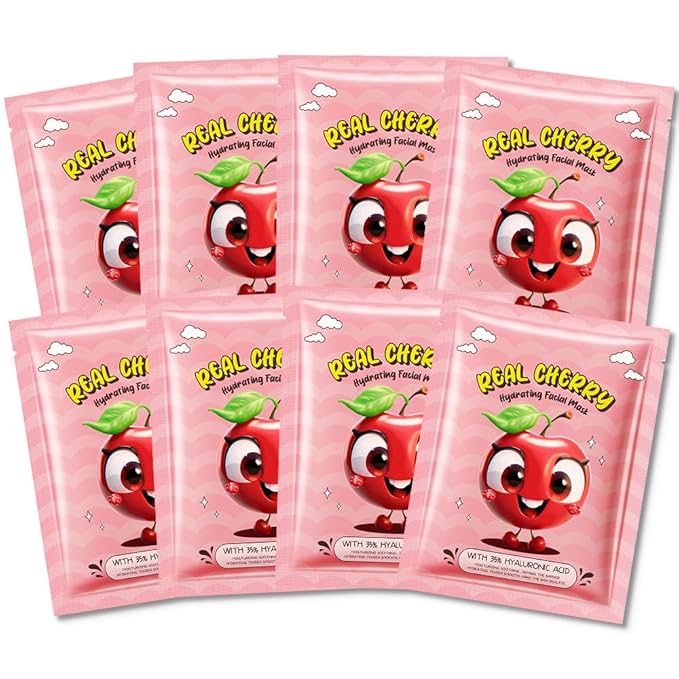 8 Pack Cherry Fruit Face Masks for Kids,Hydrating Spa Face Mask For Sensitive Skin,Moisturize,Soothing,Nourish for All Skin Types,Natural Skin Care Spa Face Mask for Women Men Girls