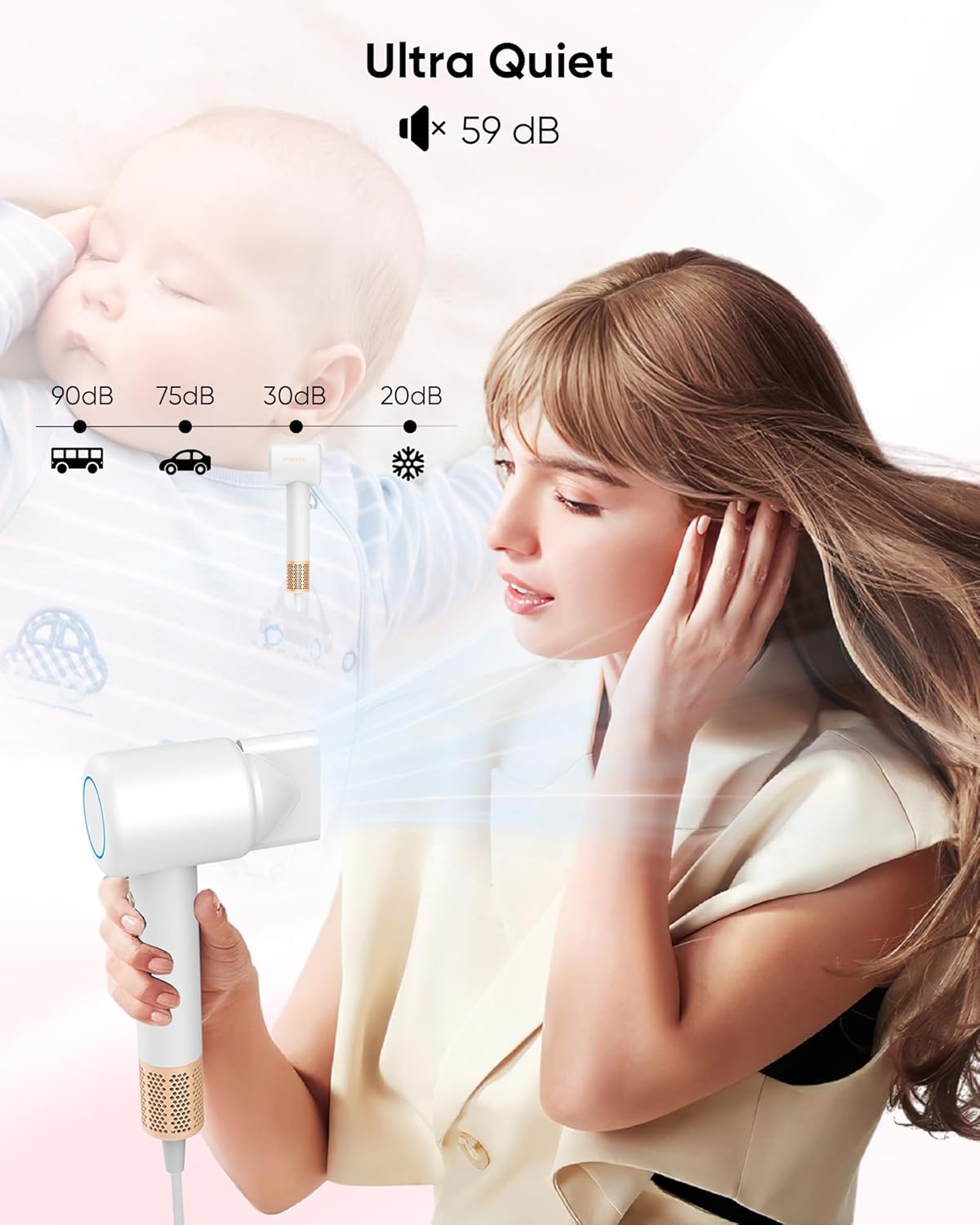 Hair Dryer, High-Speed Ionic Low Noise Blow Dryer with Brushless Motor for Fast Drying, Thermo-Control Quiet Compact Hair Blow Dryer with Magnetic Diffuser for Curly Hair for Home Travel Salon