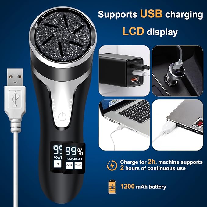 Electric Foot Callus Remover, IPX7 Waterproof Pedicure Kit Rechargeable Calloused Feet Remover Tool with LCD Display, 2-Speed Dual Motors for Efficient Exfoliation of Dead Skin on Feet