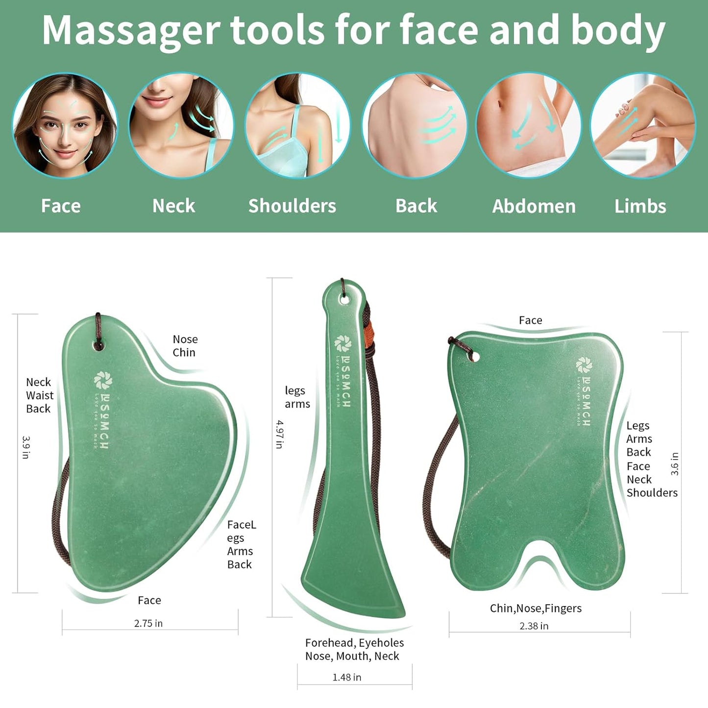 3PC Gua Sha Tools Set - Natural Nephrite Jade Facial & Body Stones, Hypoallergenic Skin Care Kit with Adjustable Cord & A Thoughful Acessory Pouch