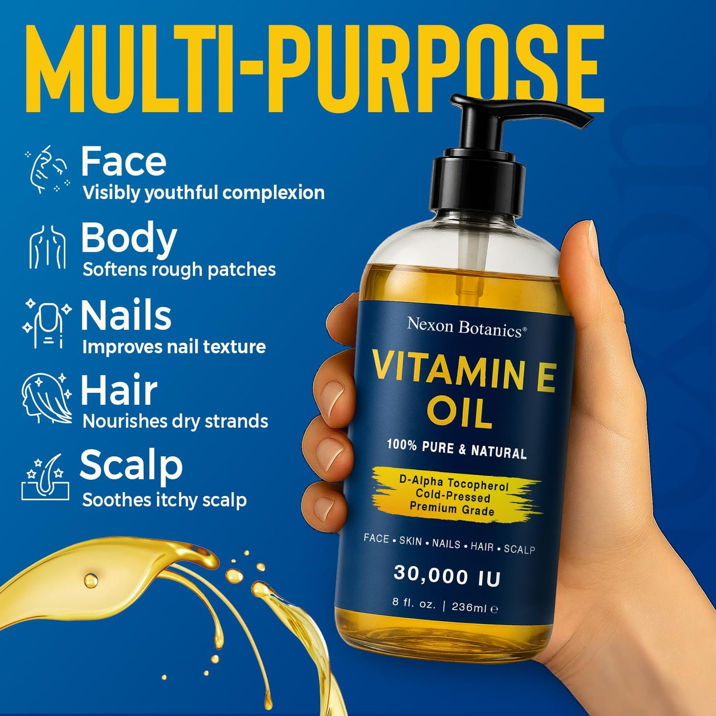 Pure Vitamin E Oil 30,000 IU, 8 fl oz - Cold-Pressed, Hexane Free, Natural Moisturizer for Skin & Face - Supports Scar & Stretch Mark Care by Nexon Botanics