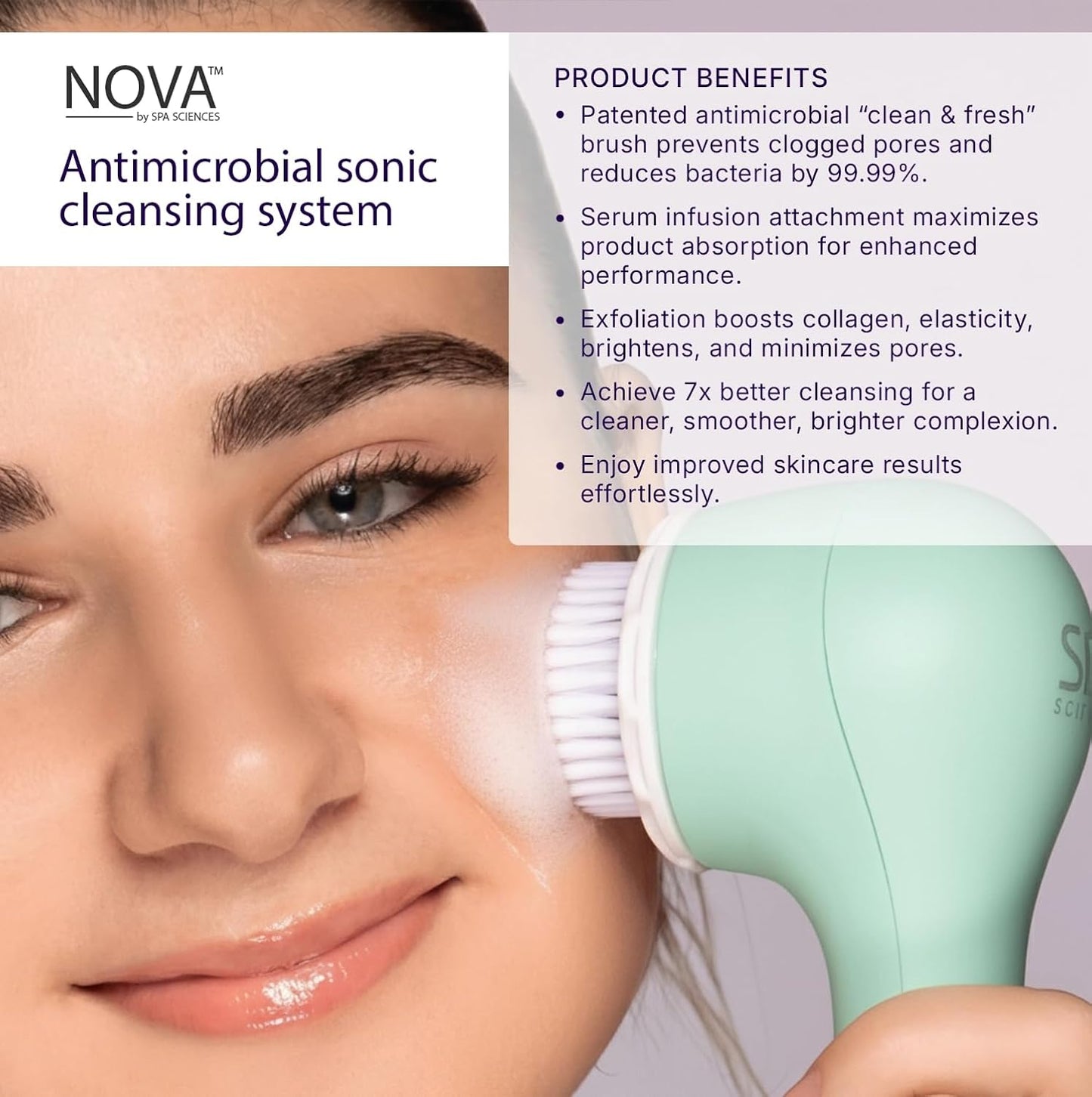Spa Sciences - NOVA - Sonic Cleansing Brush with Bristles & Infusion System – Anti-Aging Facial Exfoliating, Waterproof, and USB Rechargeable