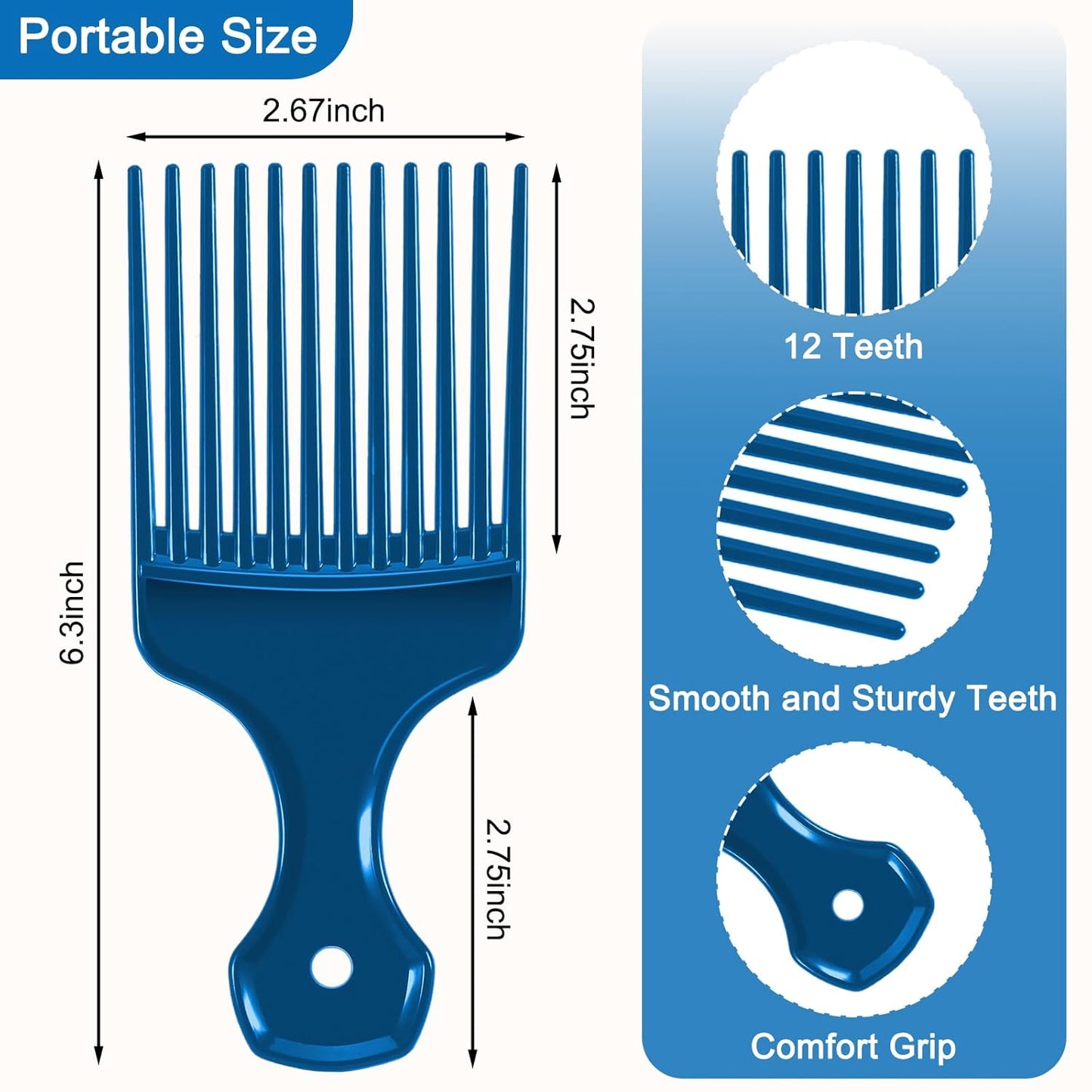 SIMPOR 2 Pcs Hair Pick Comb Wide Tooth Lift for Hair Styling Detangling Plastic Afro Pick for Women Men (Metallic Blue, Black)