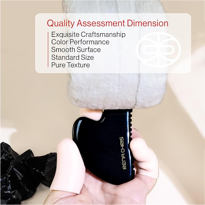 Rena Chris Gua Sha Facial Tools, Natural Obsidian Gua Sha with Teeth for Face & Body, Manual Massage Sticks for Jawline Sculpting and Puffiness Reducing, Facial Massage Tool, Skin-Care (Black)