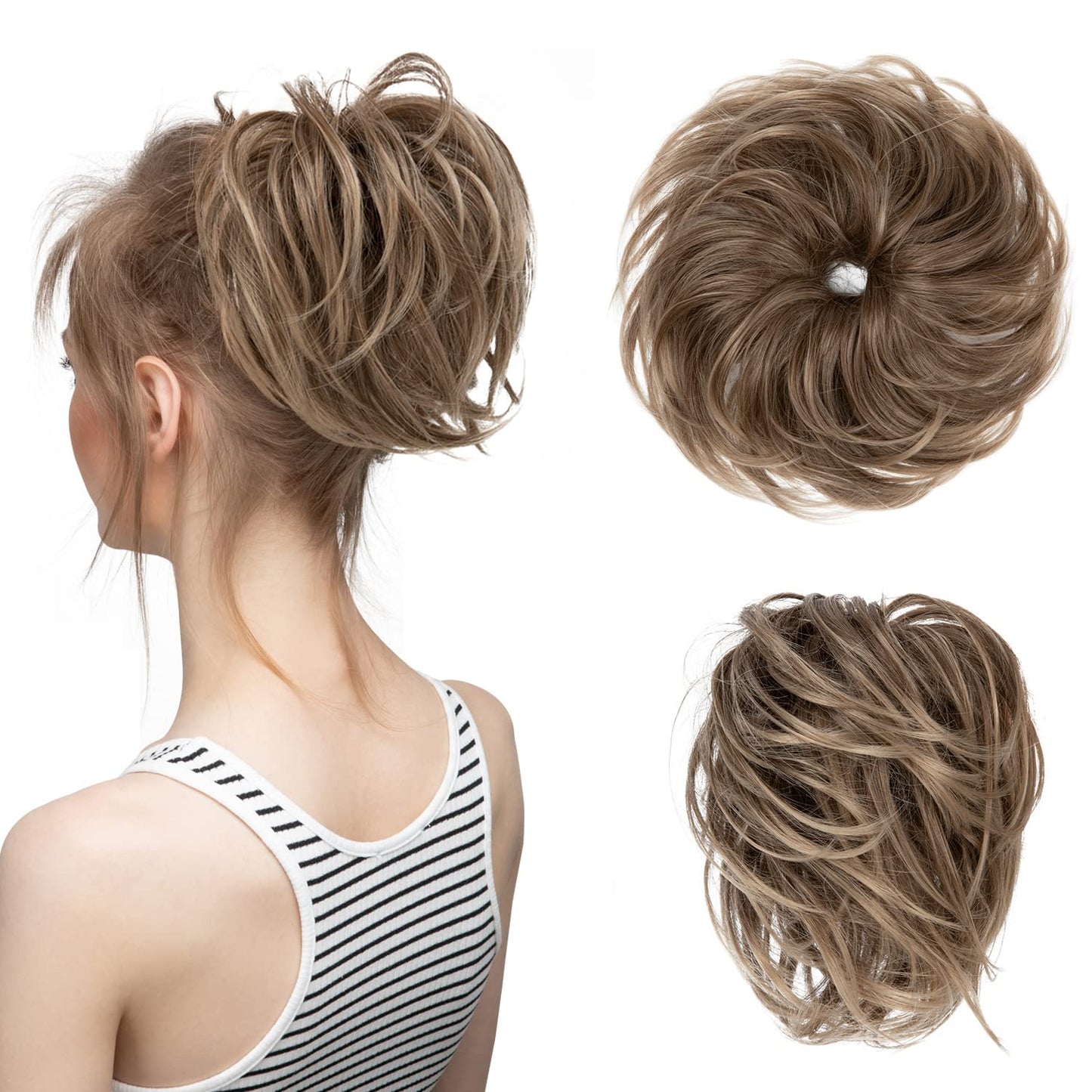 CJL HAIR Large Messy Bun Hair Piece Wavy Curly Scrunchies Synthetic Chignon Ponytail Hair Extensions Thick Updo Hairpieces for Women Brunette and Ash Blonde Tips