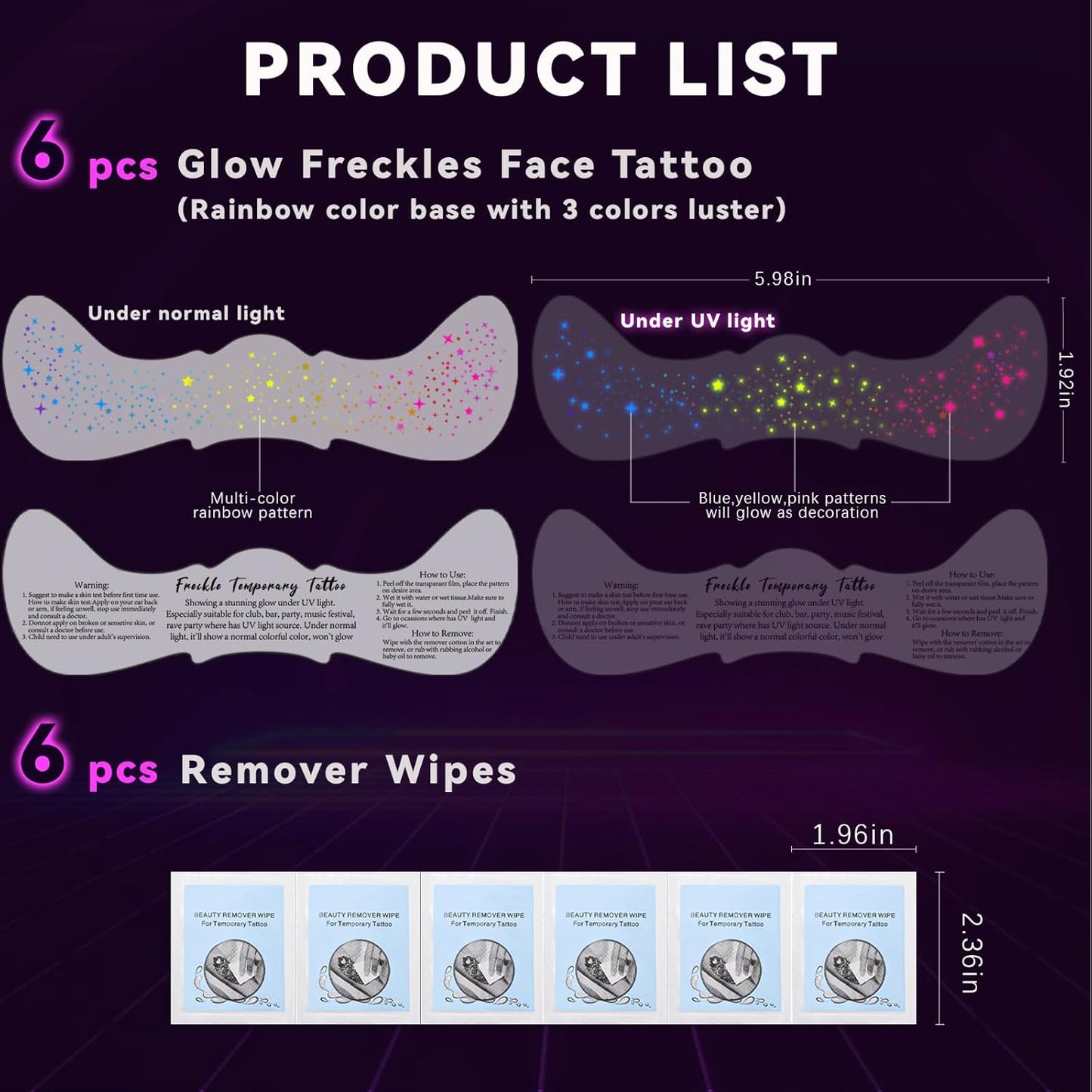 Noerrors 6pcs Rainbow Freckles Face Tattoo Sticker Glow under UV Light Blacklight in the Dark, Neon Fluorescent Glitter Colorful Star Fake Faux Freckle Temporary Patches Makeup for Party Supplies #02