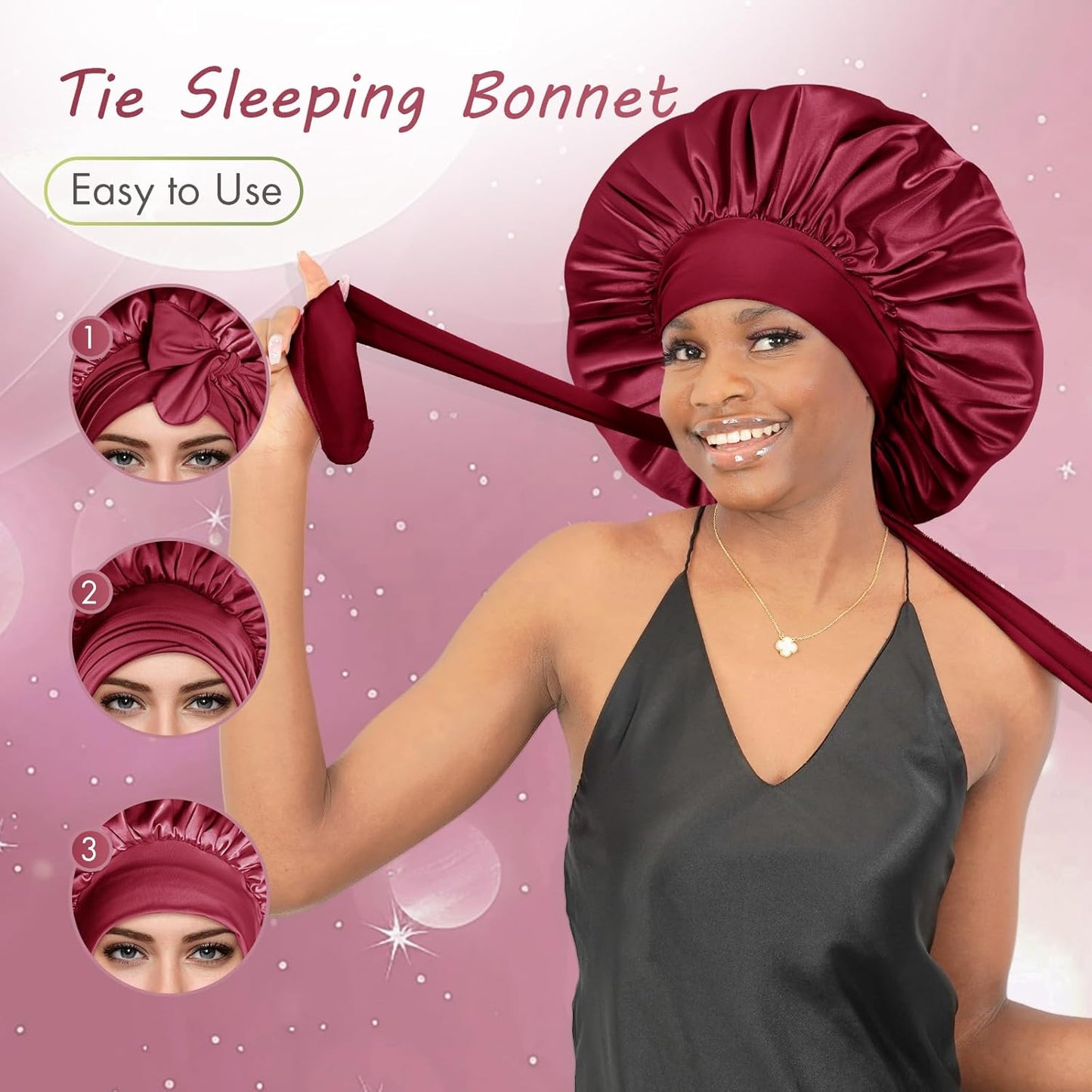 BONNET QUEEN Silk Bonnet for Sleeping Women Big Satin Bonnet Night Sleep Cap Wrap for Curly Hair with Adjustable Tie Band, Single Layer, Large, Burgundy
