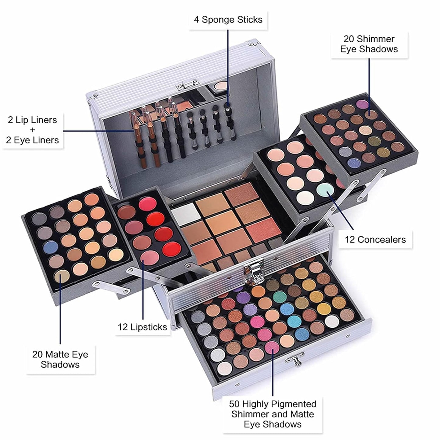 132 Color All In One Makeup Kit,Professional Makeup Case,Makeup Set for Teen Girls,Makeup Palette,Multicolor Eyeshadow Kit(006N2-Silver)