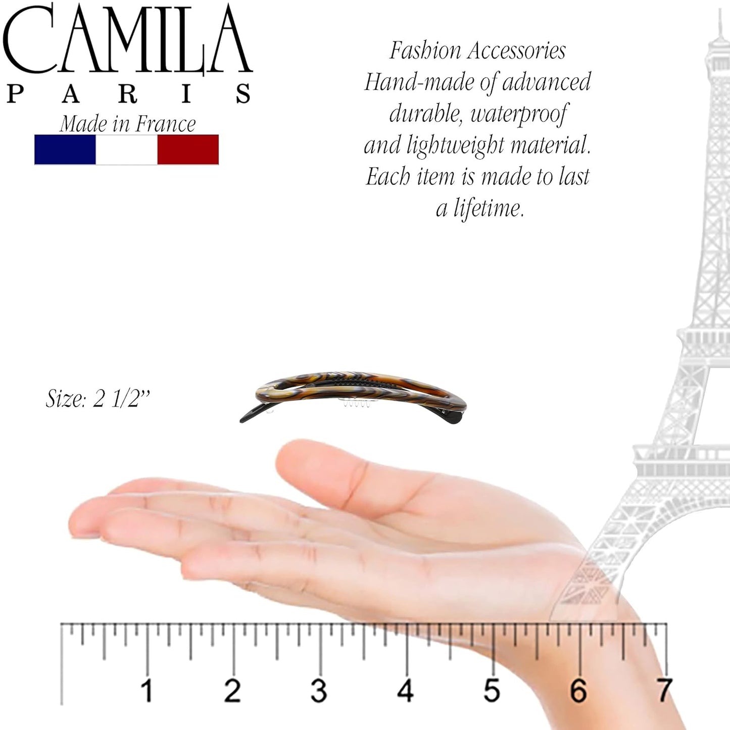 Camila Paris CP3365 French Hair Barrette Clip for Women, Handmade, Onyx, Slide-in Metal-Free Closure, Strong Hold Grip Hair Clips for Girls, No Slip Durable Styling Hair Accessories, Made in France