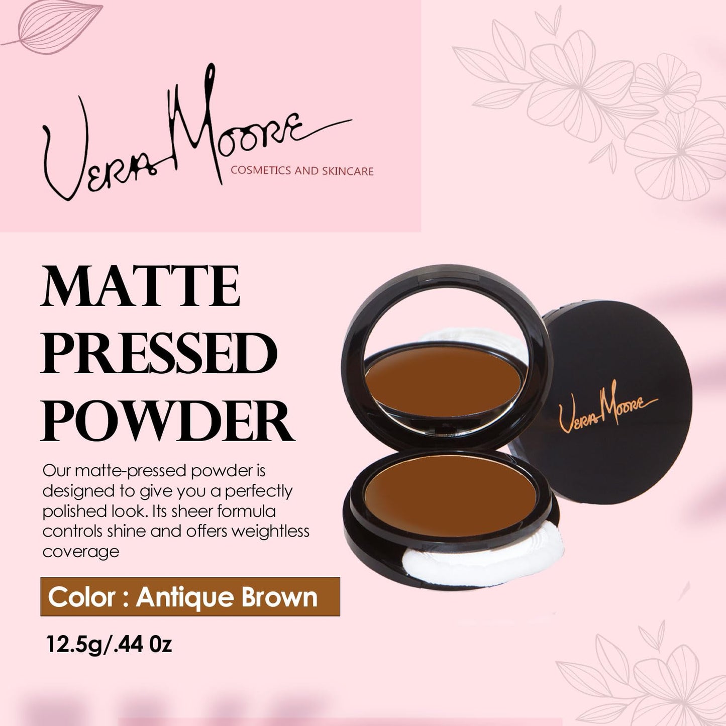 Vera Moore Matte Pressed Powder, Makeup Setting Compact Powder, Face Powder for Full Coverage with Flawless Finish, Shine, Matte Finish for All Skin Types (Antique Brown, 12.5g)