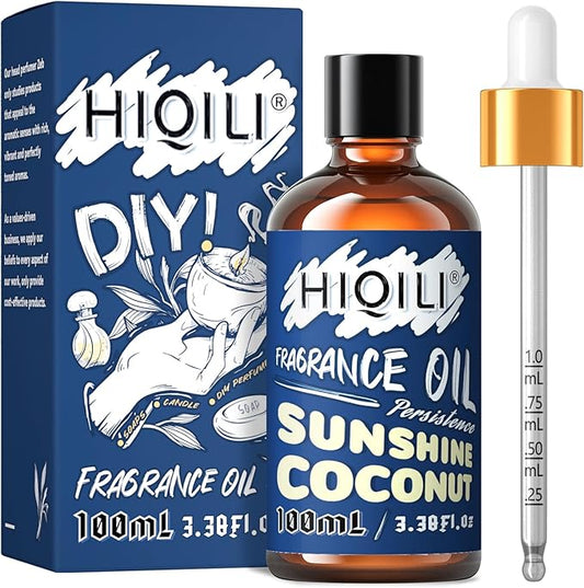 HIQILI Sunshine Coconut Fragrance Oil 100ml for Diffuser Car Freshies, Clean Fresh Scent for Candle Making Soap Laundry 3.38 Fl Oz