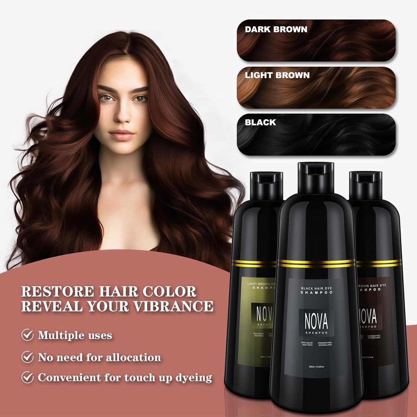 Hair Dye Shampoo & Champu Para Canas - Natural 3-in-1 Instant Gray Coverage for Men & Women (Light brown-500ML)