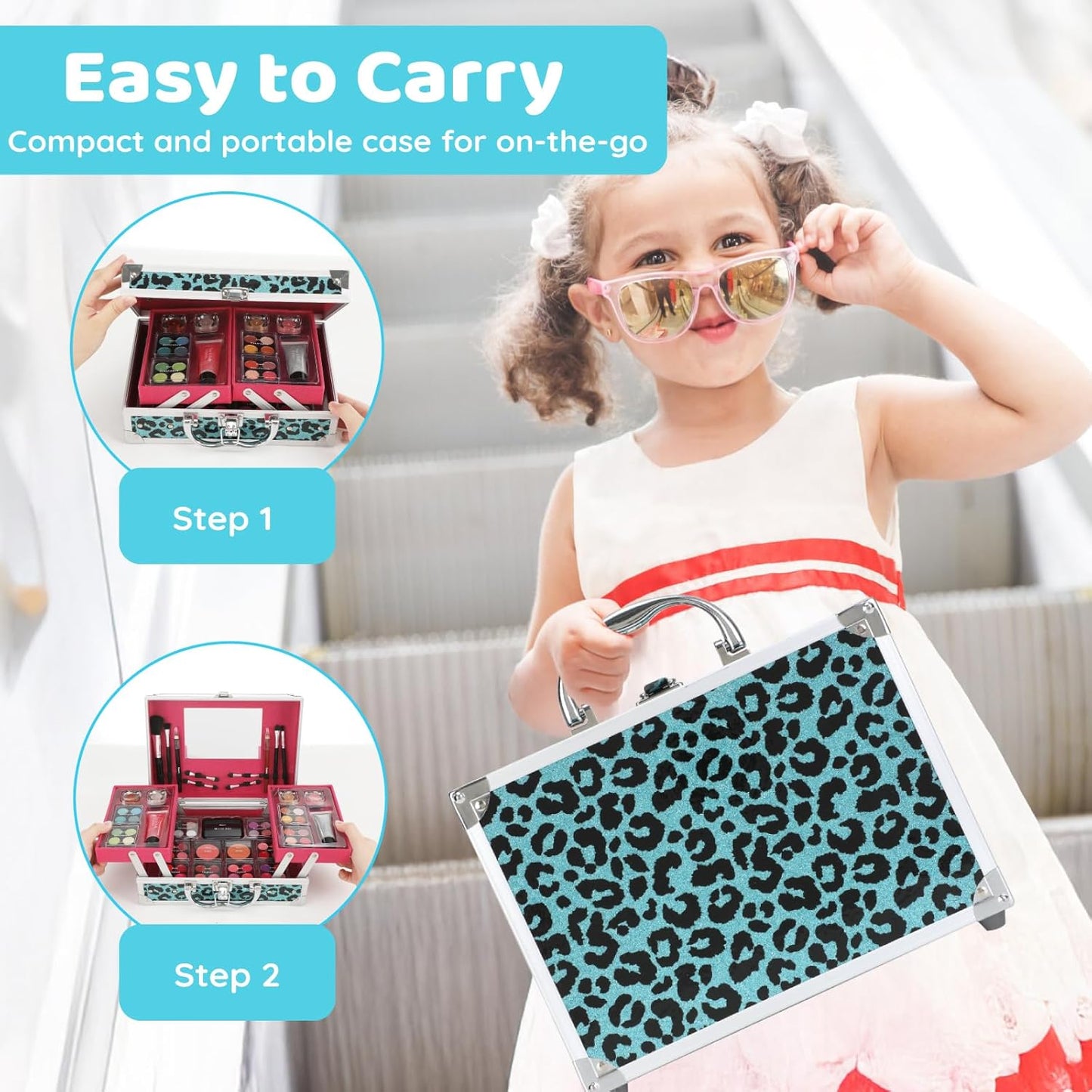 Anpro All-In-One Leopord Double Folding Makeup Carry Case with Pro Teen Makeup Set, Full Starter Kit with Makeup Brushes, Lipsticks, Eyeshadow Palette, Blushes, Glitter Gel, Ideal Present for Girls