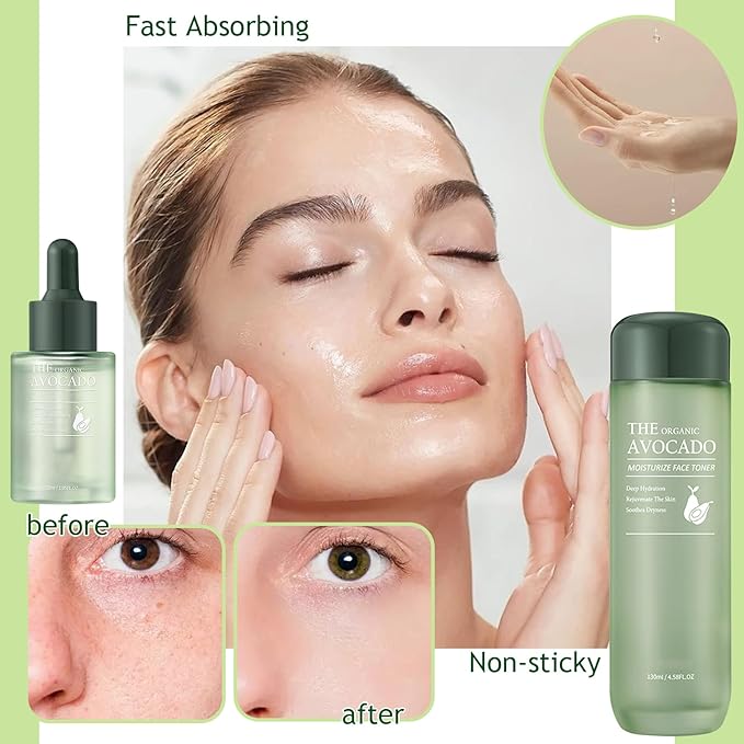 Avocado Skincare Set,Hydrating Travel Size Avocado Face Wash,Moisturizing Face Toner & Face Serum & Face Cream,Eye Cream Skin Care Gift Set for Women（9PCS)