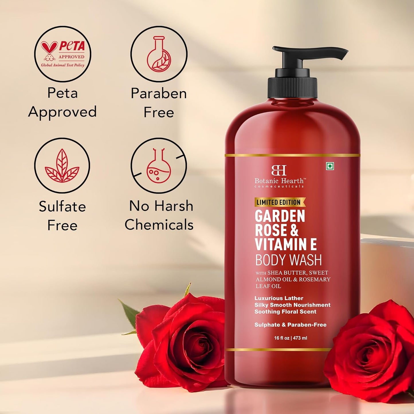 Botanic Hearth Garden Rose & Vitamin E Body Wash | Limited Edition, With Shea Butter, Sweet Almond Oil & Rosemary Leaf Oil 16 Fl Oz (473 Ml) | Sulphate & Paraben|Free, Luxurious Lather