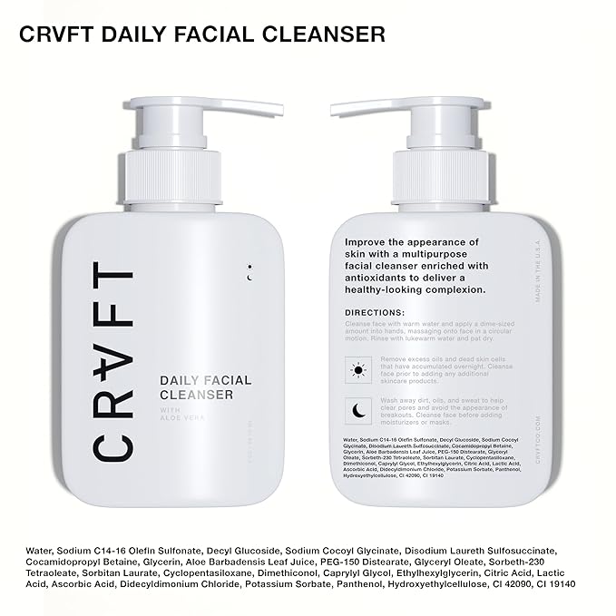 CRVFT Men’s Facial Care Kit | Aloe Vera Face Wash 3oz | Hyaluronic Moisturizer 1oz | Charcoal Exfoliating Scrub 1.7oz | 3 Piece Complete Daily Skin Care System | Look + Feel Your Best [Scented]