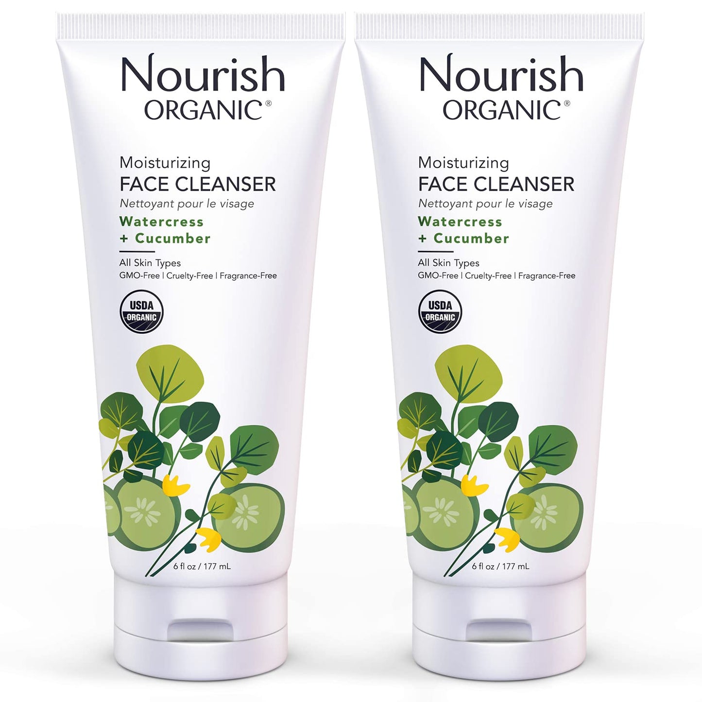 Nourish Organic Moisturizing Face Cleanser for All Skin Types, Watercress + Cucumber Face Wash, Fragrance-Free, 6 Oz (Pack of 2)