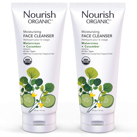 Nourish Organic Moisturizing Face Cleanser for All Skin Types, Watercress + Cucumber Face Wash, Fragrance-Free, 6 Oz (Pack of 2)