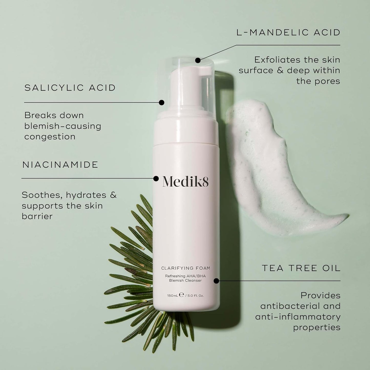 Medik8 Clarifying Foam - Lightweight Exfoliating AHA and BHA Face Cleanser - Salicylic Acid and Nicacinamide - Gentle Foaming Facial Cleanser - 5 oz