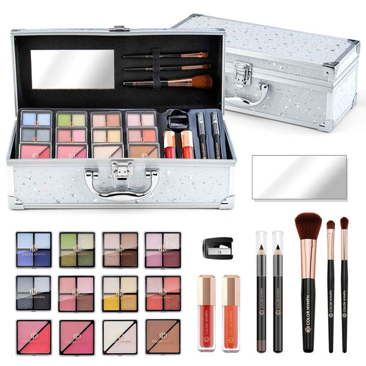 Color Nymph Makeup Kit for Teen Girls – All-in-One Beginner Makeup Set with Eyeshadow, Blush, Highlighter, Bronzer, Contour, Lipsticks, Eyeliner, Brushes & Mirror in Train Case (White)