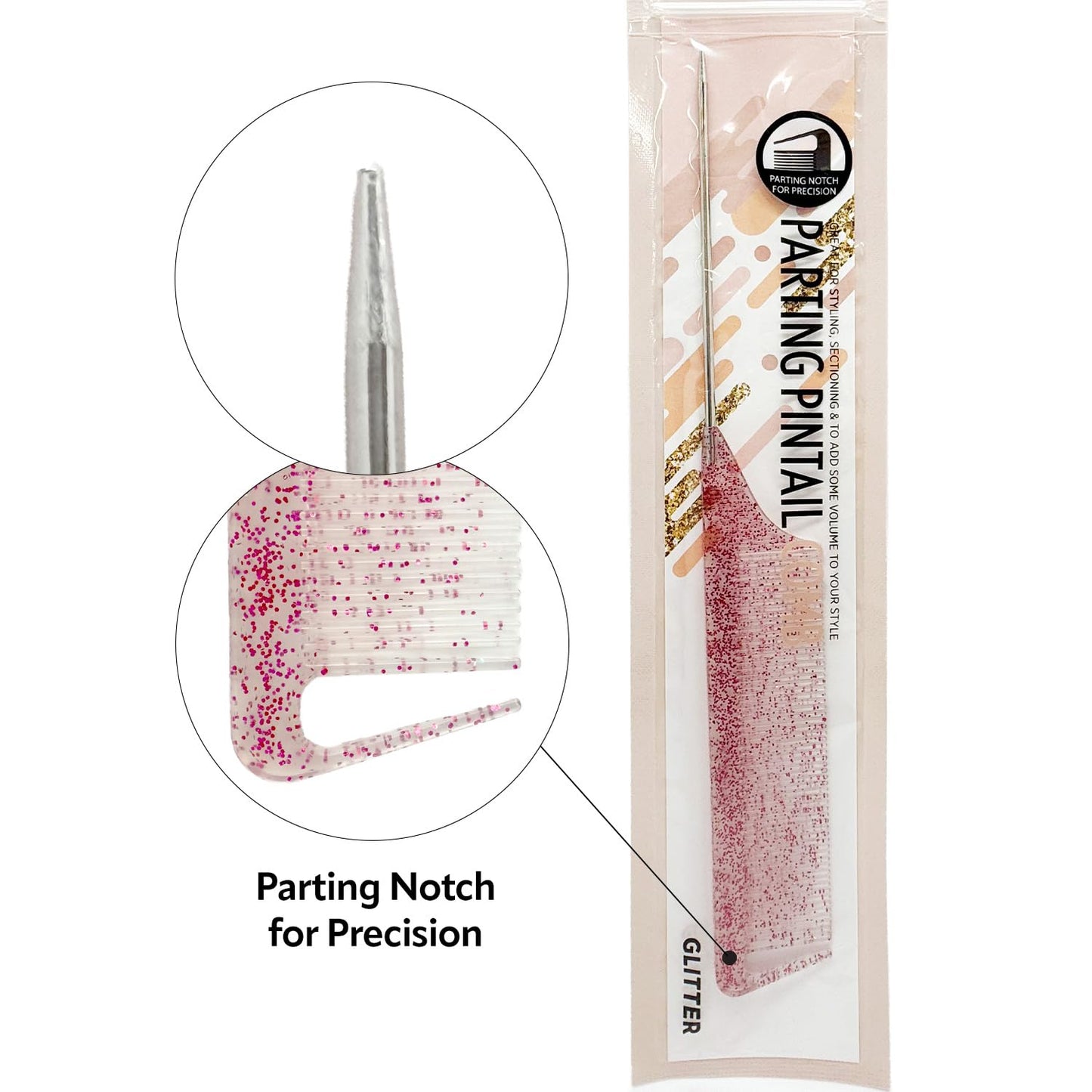 Donna Pin Tail Parting Comb – Heat Resistant Teasing Tool,1PC (PINK GLITTER)