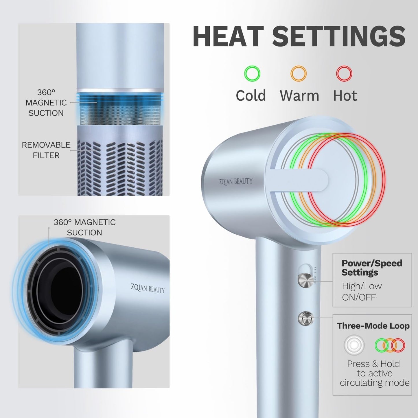 Ionic Hair Dryer with 200 Million Negative Ions, High-Speed Blow Dryer for Women and Men Fast Drying Low Noise Travel Hairdryer (Silver Blue, with Concentrator Nozzle)