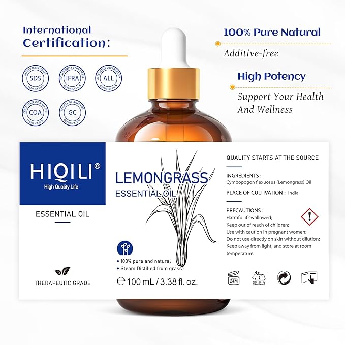 HIQILI Lemongrass Essential Oil, 100% Pure Natural Undiluted Premium Oils - 3.38 Fl. Oz