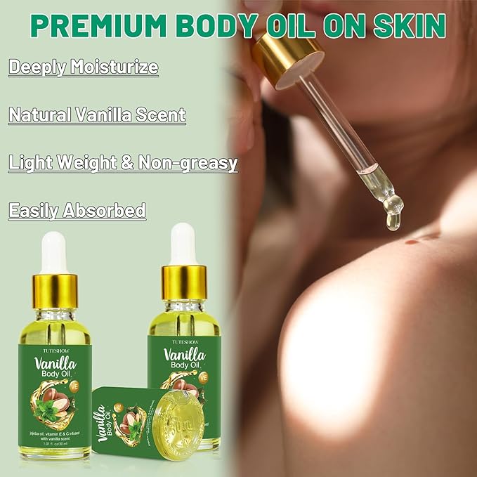 3 Pack Vanilla Body Oil Scented, Jojoba Oil and Vitamin E & C Infused Body Oils for Women after Shower, Highly Moisturize and Rejuvenate, Easily Absorb, Travel Size 1.01 fl.oz/30 ml