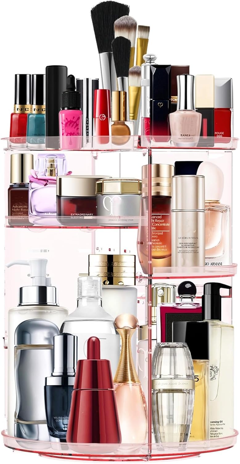 MISERWE Makeup Organizer 360 Rotating Cosmetic Organizer DIY Adjustable Makeup Carousel Spinning Holder Rack, Large Capacity Cosmetic Storage Box Makeup Brushes Organizer for Vanity Countertop (Pink)