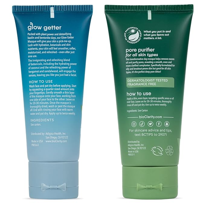 BioClarity Face Mask Set | Includes Clarifying and Hydrating Masks for Soft, Smooth, Refreshed Skin | 100% Vegan Ingredients | With Coconut, Bergamot, Sandalwood, Tea Tree, Aloe, and Floralux