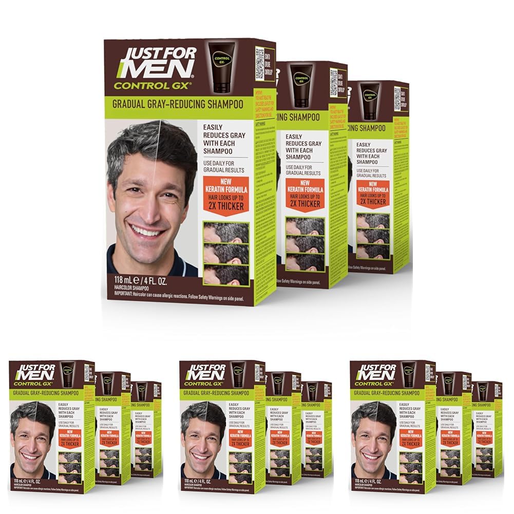 Just for Men Control GX Grey Reducing Shampoo, Gradual Hair Color with Keratin for Stronger Thicker and Healthier Looking Hair, 4 Fl Oz - Pack of 12 (Packaging May Vary)