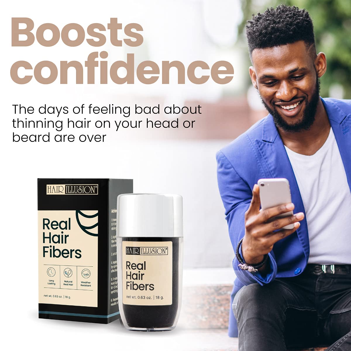 Hair Illusion Black Real Hair Fibers for Thinning Hair - 100% Natural Texture, Non Synthetic Hair Fibers - Bald Spot Cover Up for Women & Men - 18 Gram