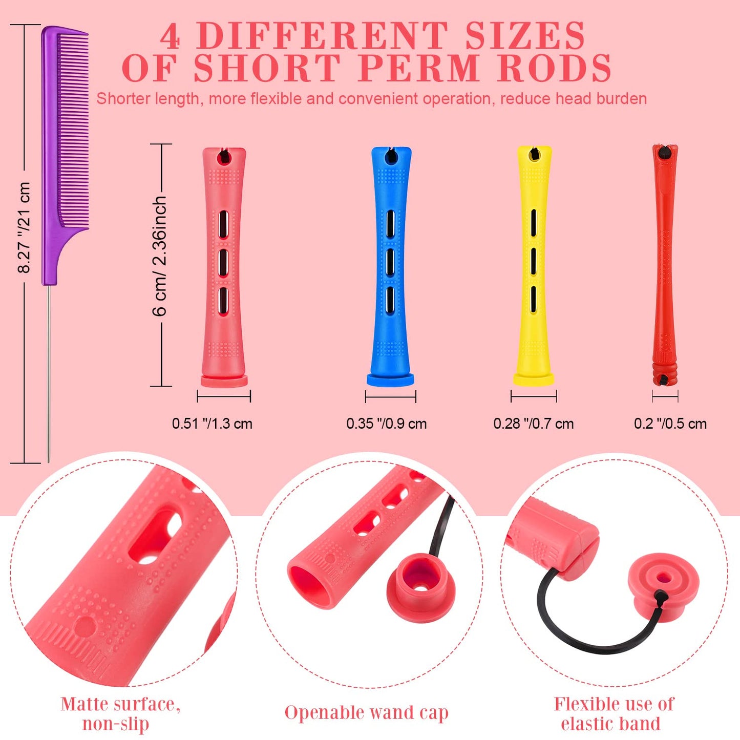 48 Pieces Hair Perm Rods Short Cold Wave Rods Plastic Perming Irons Hair Curling Rollers Curlers with Steel Pintail Comb Rat Tail Comb for Hairdressing Styling Supplies(Assorted Sizes,Multicolored)