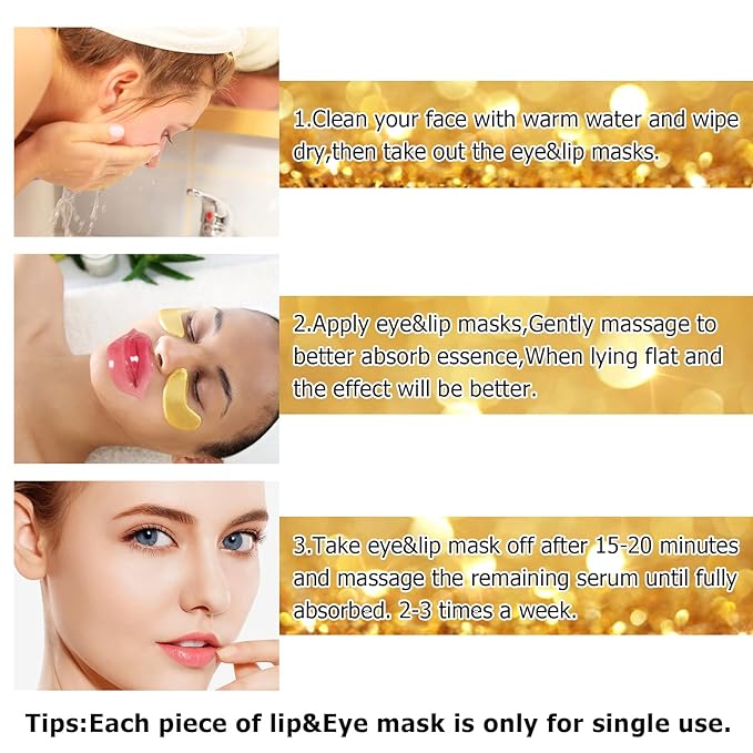 40 Pairs Pink Lip Masks & Eye Masks, 24K Gold Gel Collagen Eye Patches for Puffy Eyes, Dark Circles, Wrinkles and Eye Bags, Moisturizing Crystal Mask Set for Women Men
