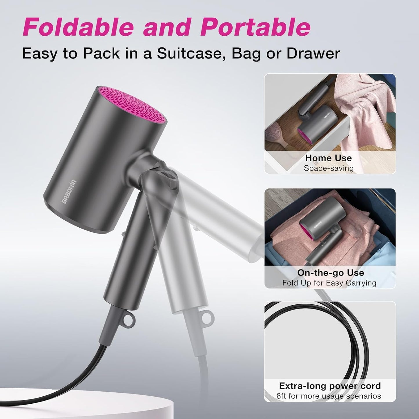 Ionic Diffuser Hair Dryer for Curly Hair, 1875W Fast Drying Blow Dryer with Diffuser and Concentrator Nozzle, Compact & Portable Negative Ion Hairdryer Blowdryer, 3 Heat 2 Speed Settings, Gray