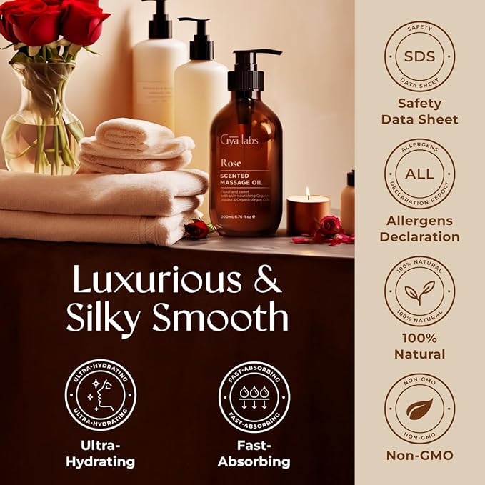 Gya Labs Rose Massage Oils for Date Nights - 6.76 Fl Oz - Rejuvenating Aromatherapy Body Massage Oil for Men & Women - Crafted with Jojoba, Argan, Sunflower, Sweet Almond & Rose Otto