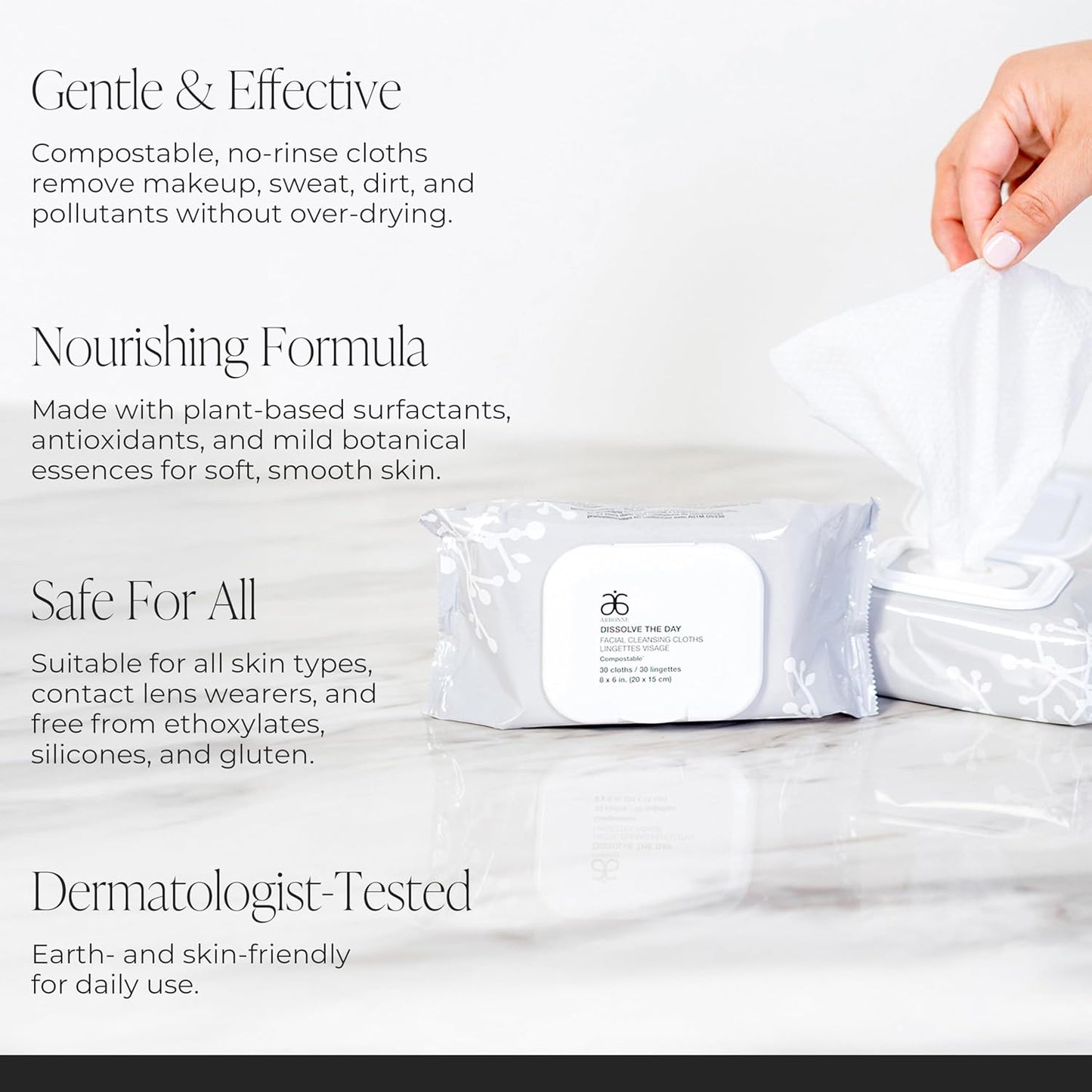 Arbonne Makeup Remover Wipes - Dissolve the Day Facial Cleansing Makeup Wipes for Women, Gentle Cleansing Towelette for Face, Removes Dirt and Sweat