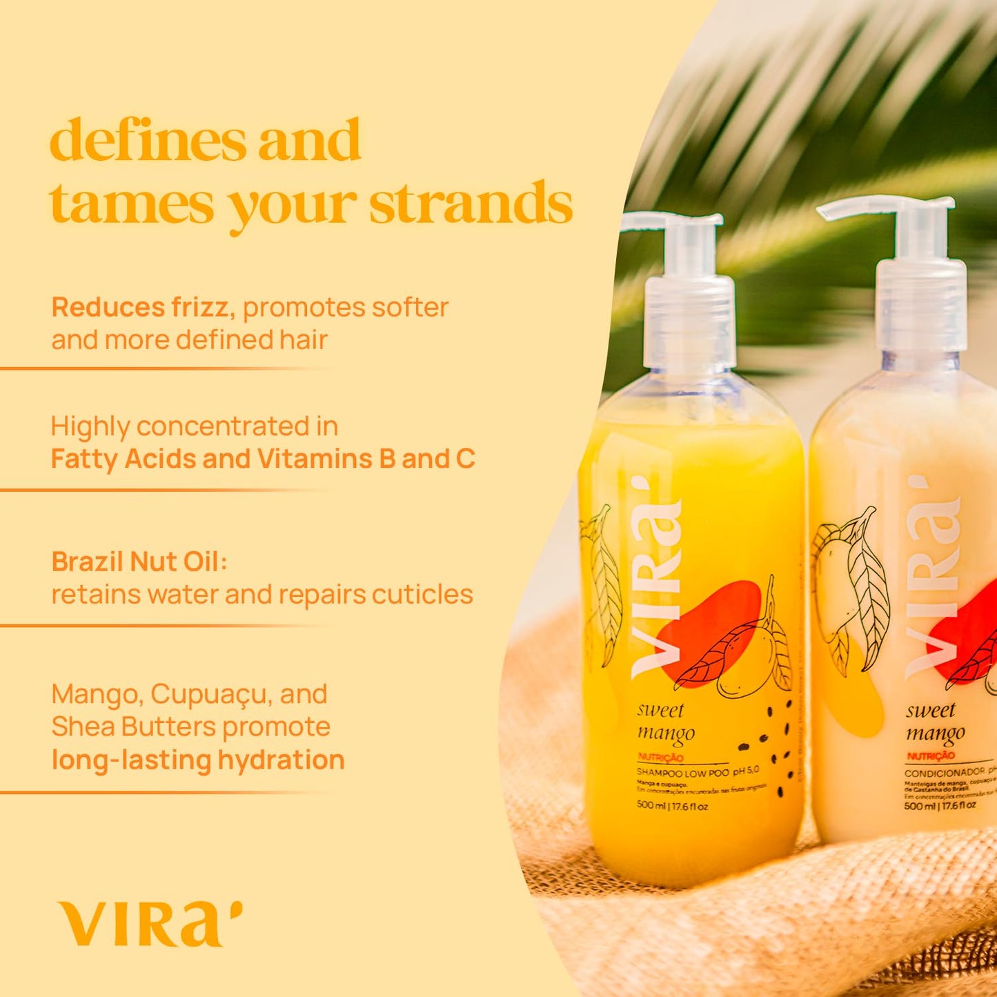 Brazilian Shampoo and Conditioner Set, Parabens Free, Curly and Wavy Hair, Deep Moisturizing and Nourishing Treatment, Volume Control, Sweet Mango 17.6 Fl Oz Each