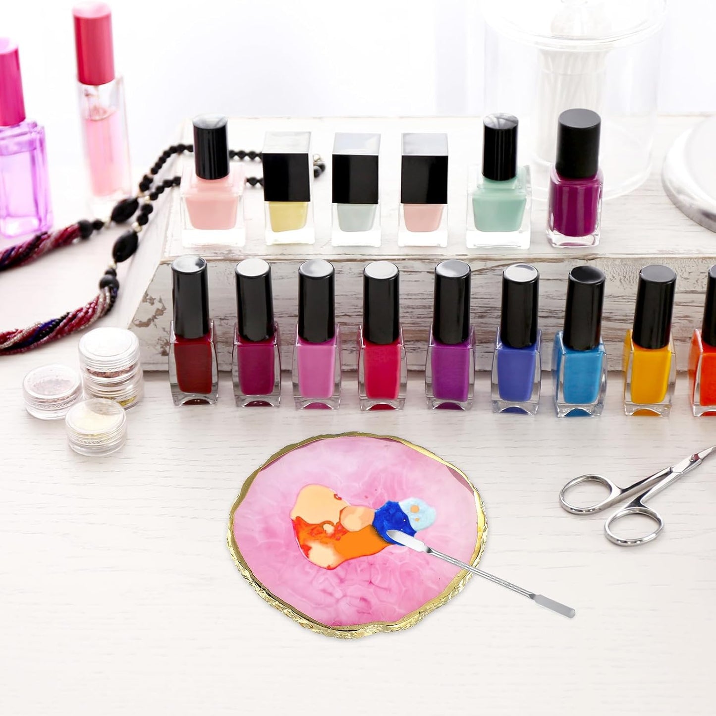 2 Pcs Nail Color Mixing Palette Nail Polish Palette With Silver Stirring Rod Gold Edge Color Makeup Display Board Nail Mixing Palette Cosmetic Mixing Tools For Gel Polish Nail Art Plate In Pink Gray