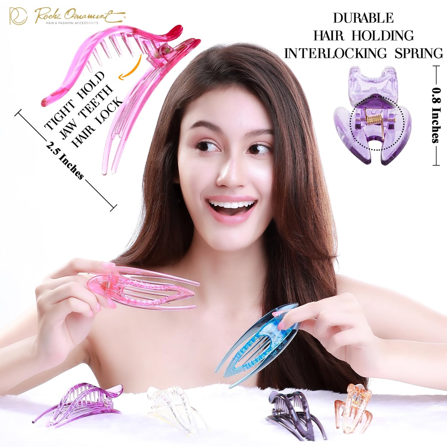 RC ROCHE 6 Pcs Flat Hair Clips Big Claw for Thick Hair French Duckbill Women No Slip Side Slide Curved Alligator Concord Strong Grip Hold Volume Lay Down Clamp, Small Transparent